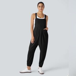 HALARA Pockets Waffle Black Casual Jogger Overalls